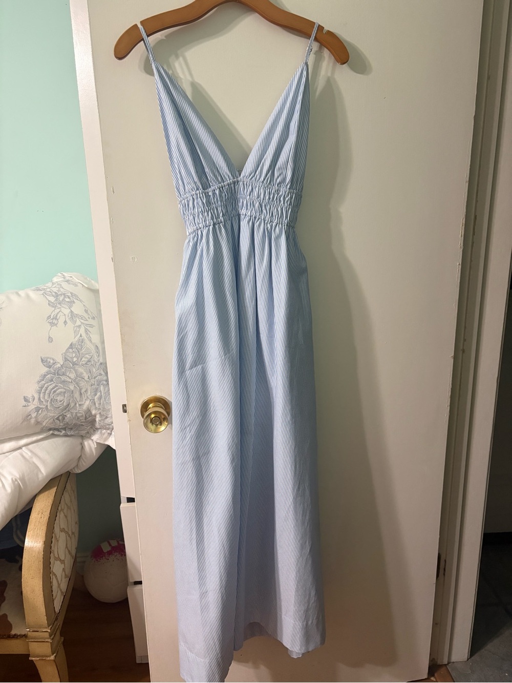 Light Blue Striped V-Neck Maxi Dress by